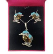 Silver Baltic amber and turquoise kingfisher pendant necklace and matching pair of stud earrings