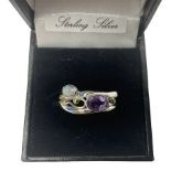Silver and 14ct gold wire oval amethyst and opal ring