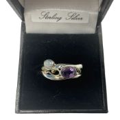 Silver and 14ct gold wire oval amethyst and opal ring