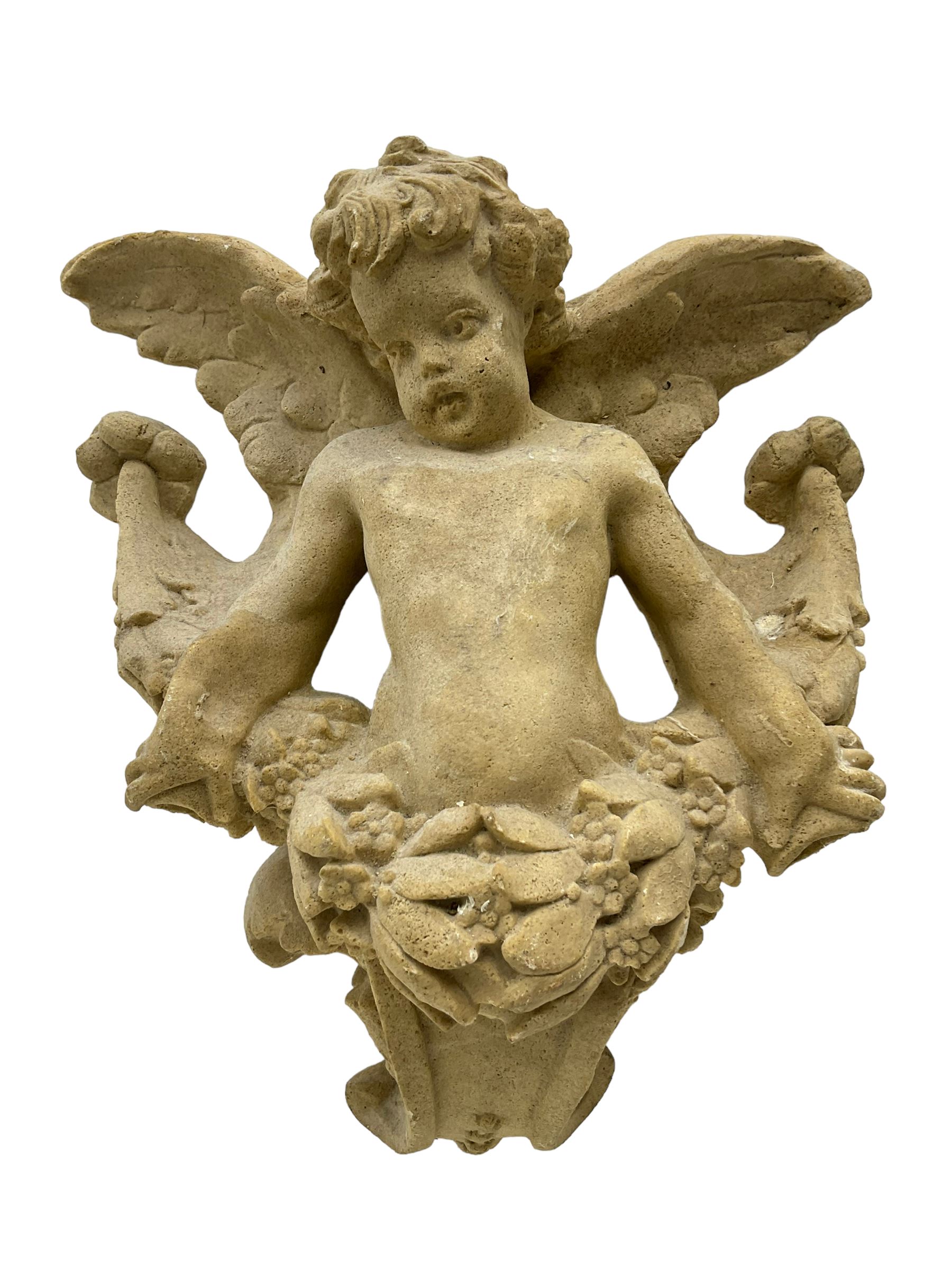 Sandstone finish moulded fibre-glass wall mounting figure of a winged cherub - Image 5 of 5