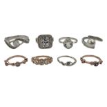 Eight silver and silver-gilt stone set rings