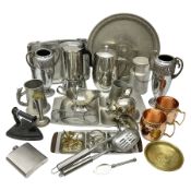 Pewter tankard with fox handle and a collection of other metal ware including two copper mugs