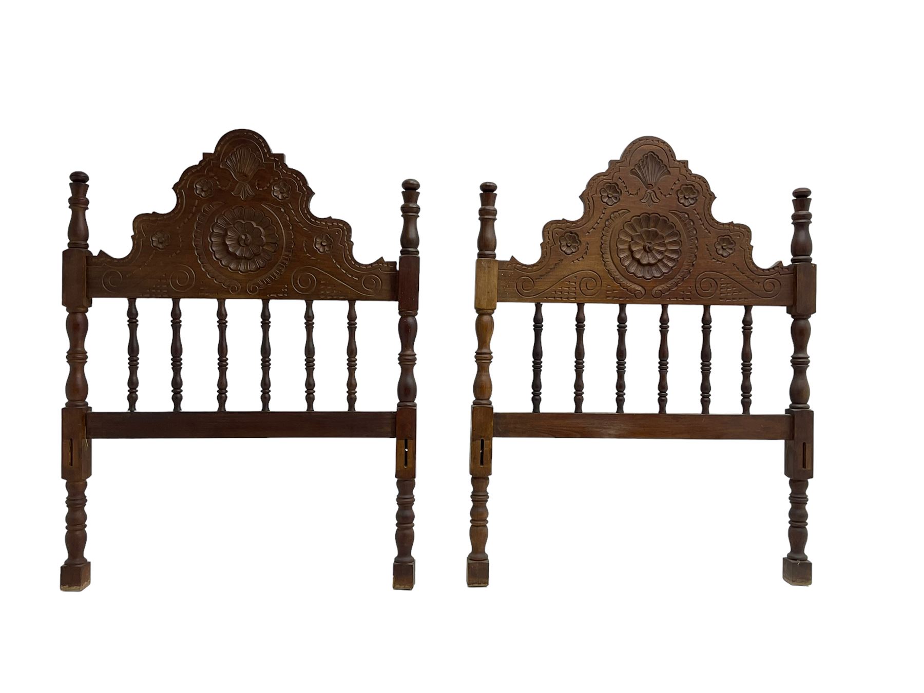 Pair Spanish stained beech single 3' bedsteads - Image 3 of 12