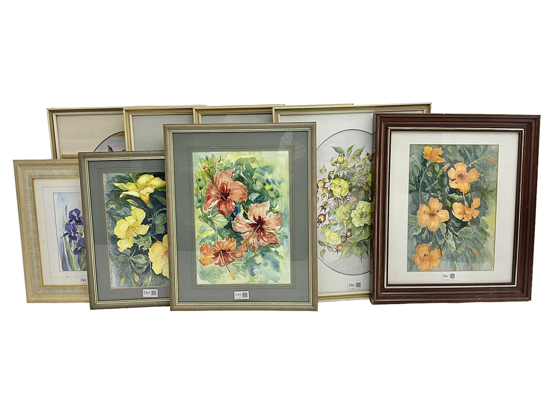 Nine framed watercolours of flowers by various artists including Rachel McNaughty etc