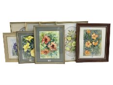 Nine framed watercolours of flowers by various artists including Rachel McNaughty etc