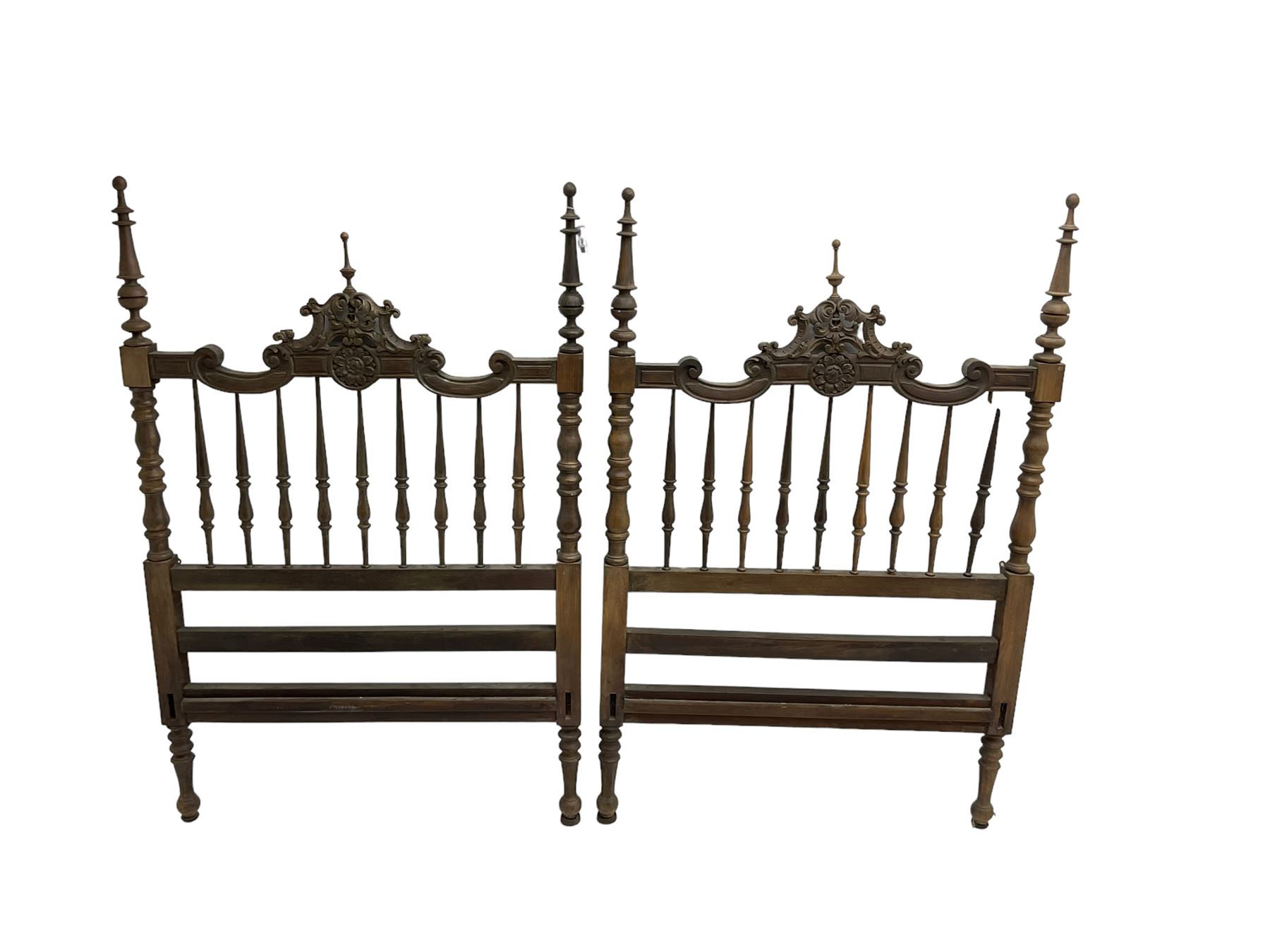 Pair Spanish stained beech single 3' bedsteads - Image 2 of 12