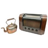 Walnut cased radio and copper kettle