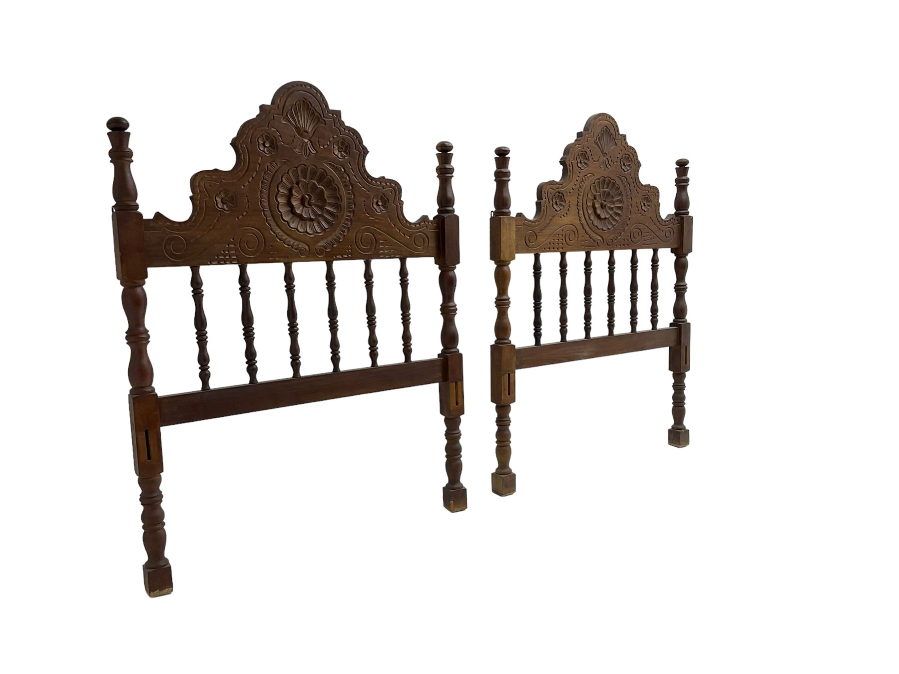 Pair Spanish stained beech single 3' bedsteads - Image 8 of 12