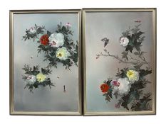 Pair of Chinese oils on board of flowers (2)