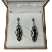 Pair of silver black onyx and marcasite pendant earrings