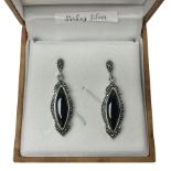 Pair of silver black onyx and marcasite pendant earrings