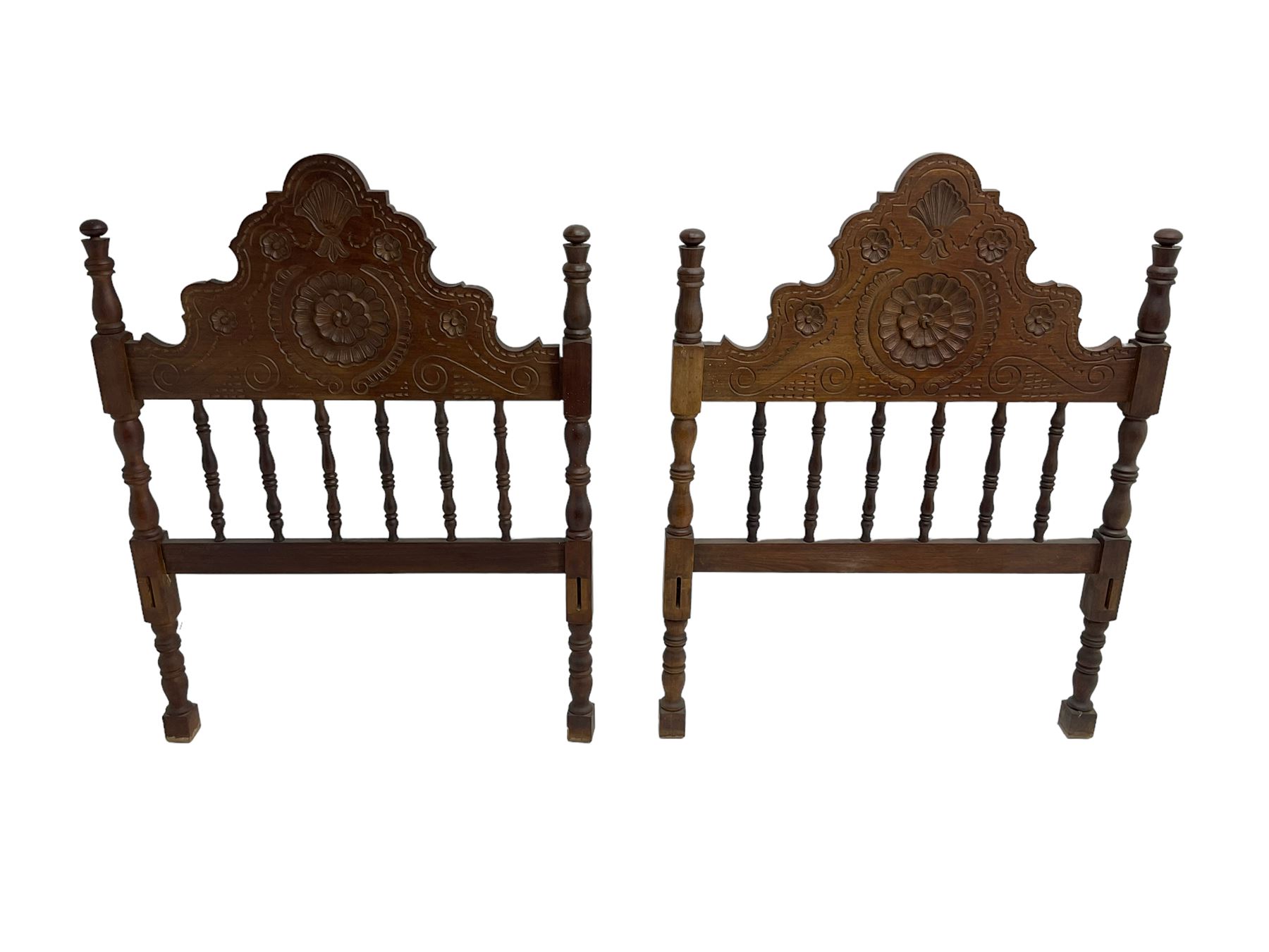 Pair Spanish stained beech single 3' bedsteads - Image 9 of 12