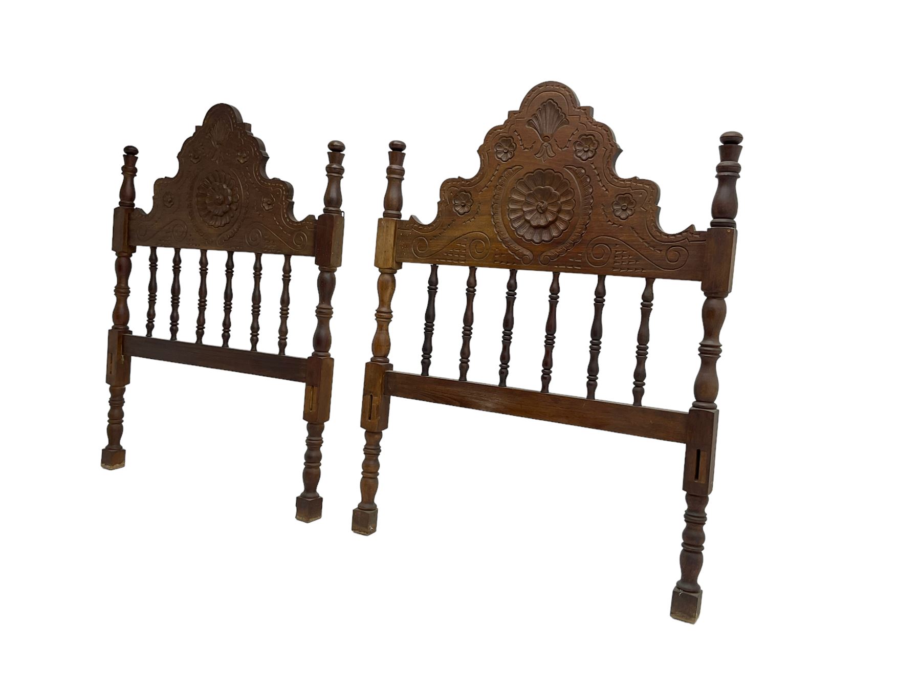 Pair Spanish stained beech single 3' bedsteads - Image 10 of 12