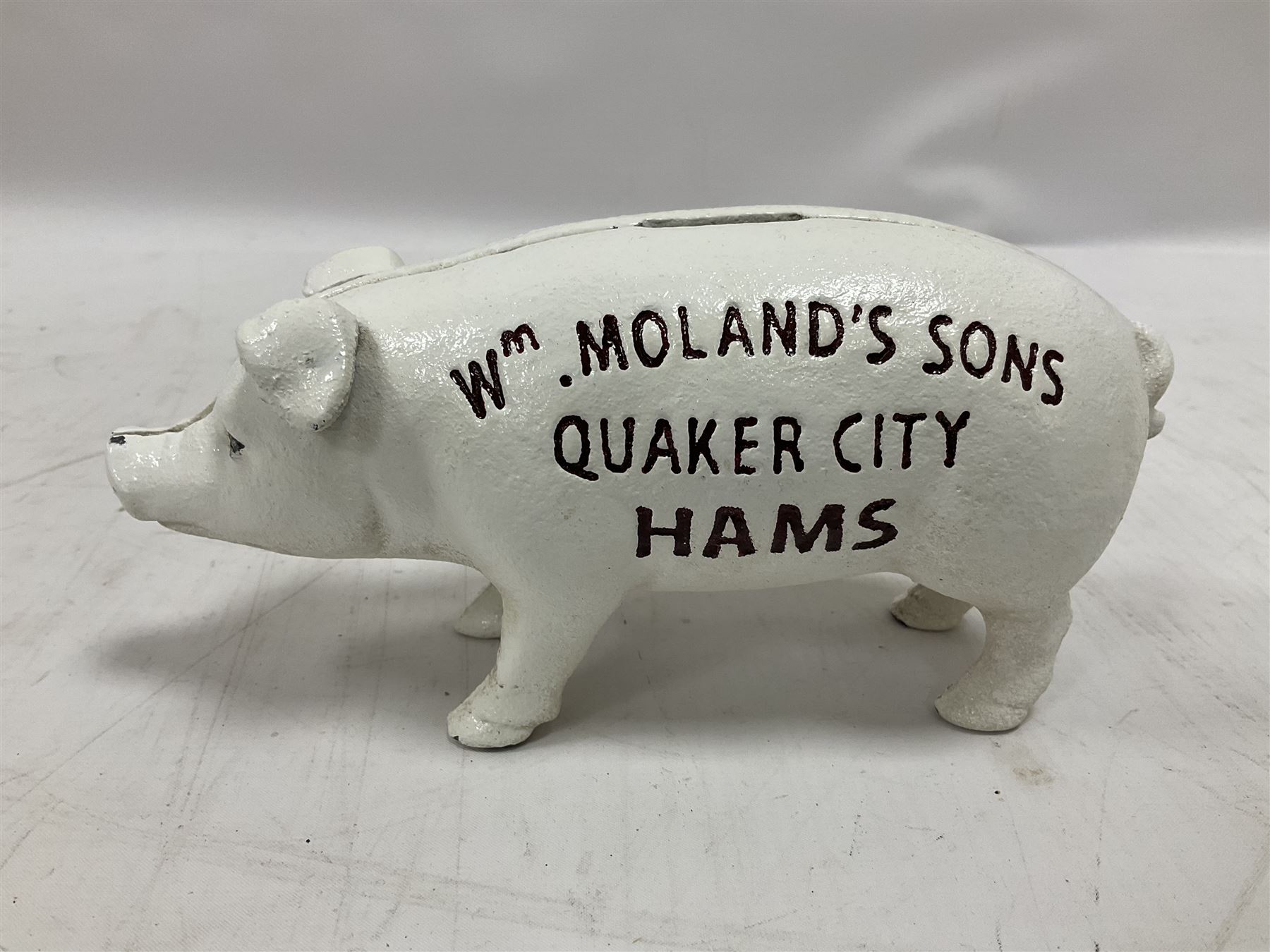 Cast iron reproduction Wm. Moland's Sons Quaker City Hams money box - Image 2 of 4
