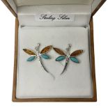 Pair of silver Baltic amber and turquoise dragonfly pendant stud earrings