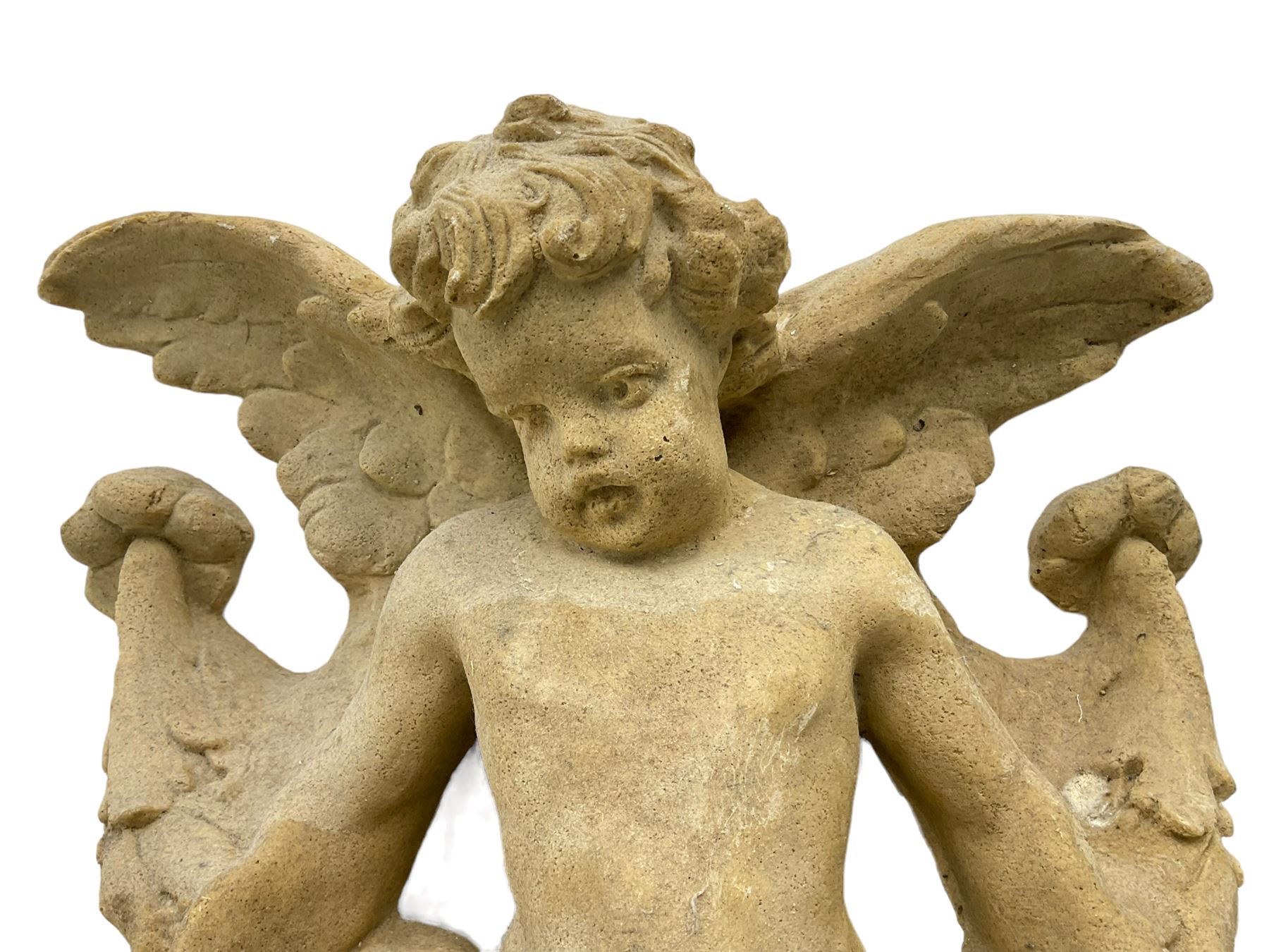 Sandstone finish moulded fibre-glass wall mounting figure of a winged cherub - Image 2 of 5