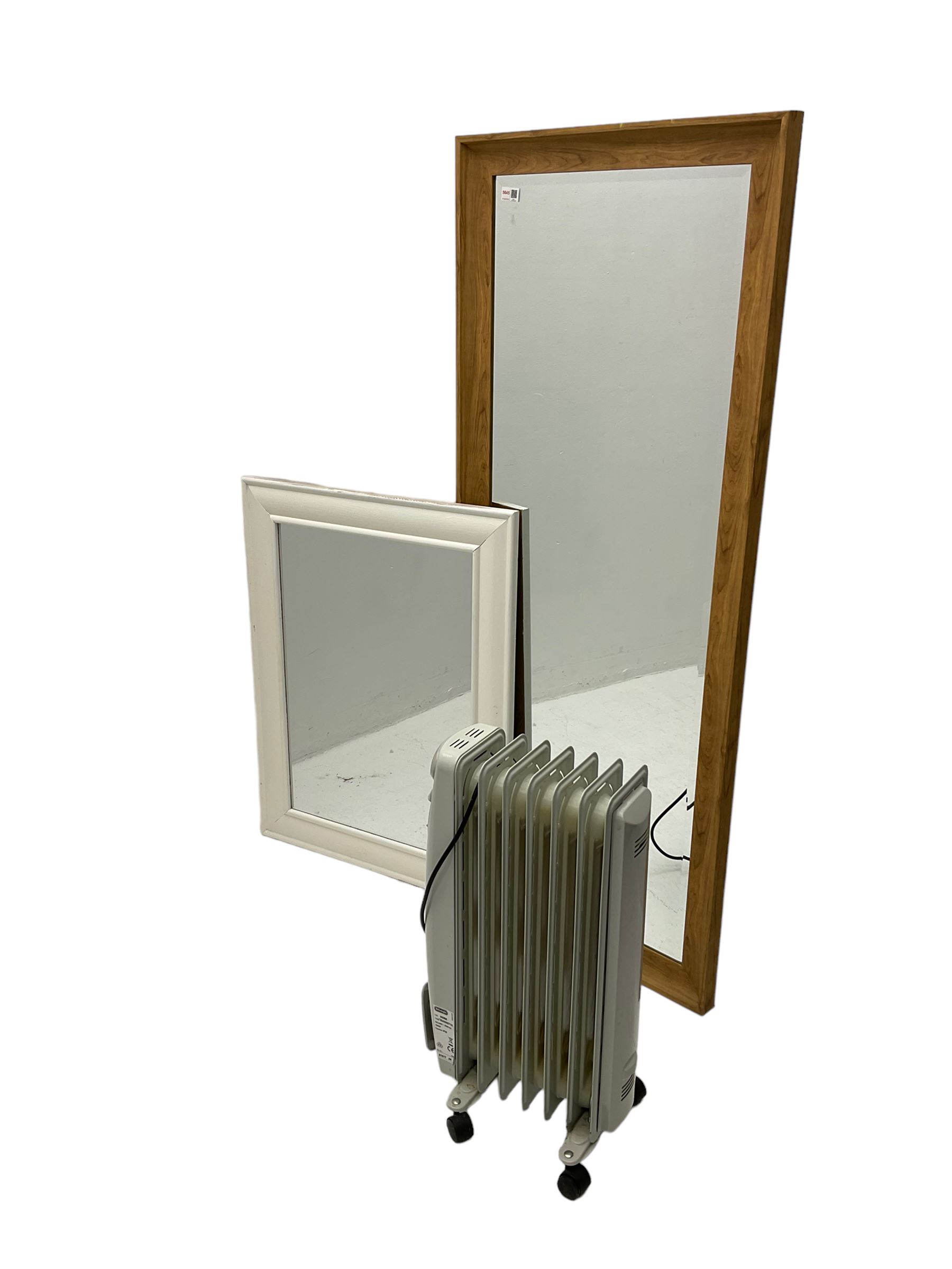 Hardwood framed wall mirror with bevelled plate; and small white painted framed wall mirror; and car