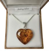 Silver Baltic amber heart pendant necklace