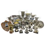 Collection of silver plated and metal trophy cups and winners plaques