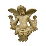 Sandstone finish moulded fibre-glass wall mounting figure of a winged cherub
