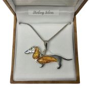 Silver Baltic amber dachshund pendant necklace
