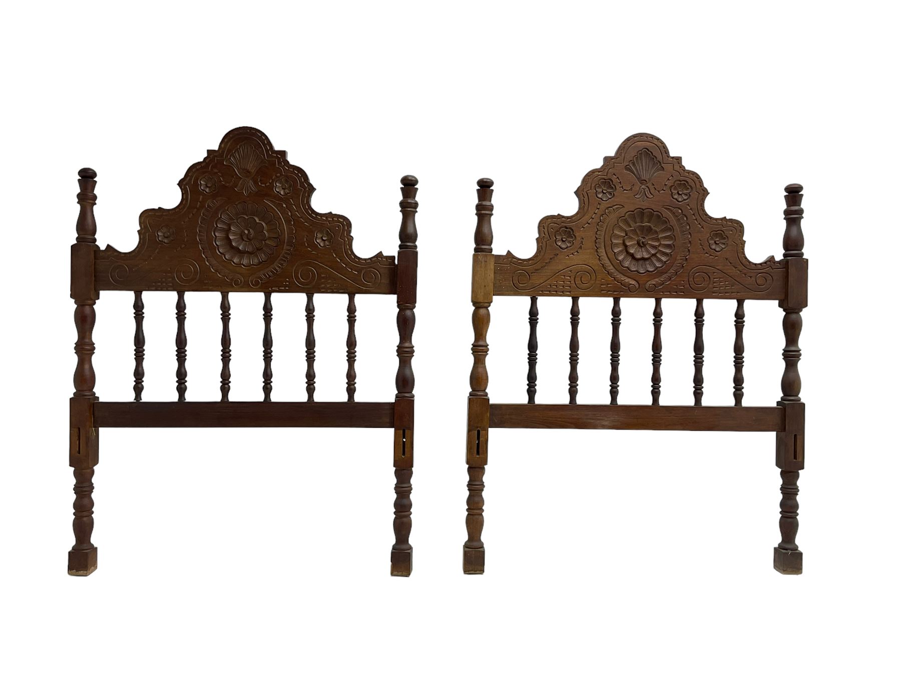 Pair Spanish stained beech single 3' bedsteads - Image 12 of 12