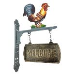 Painted cast iron wall hanging welcome sign with cockerel decoration