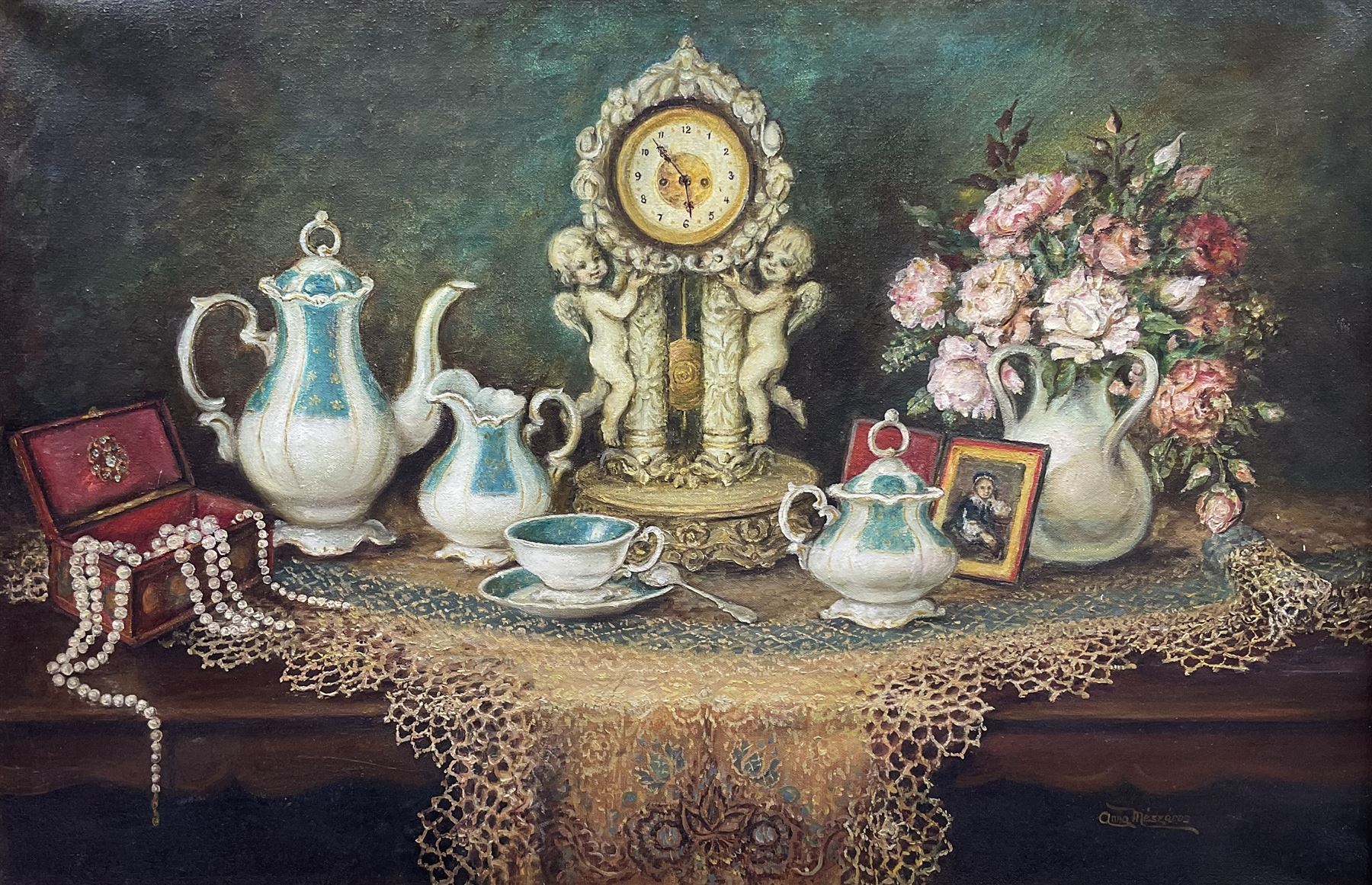 Anna Meszaros (Hungarian 1905-1998): Still Life of Tea Set and Mantle Clock on Table
