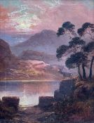 Clarence Henry Roe (British 1850-1909): Stag on the Lakeside at Sunset