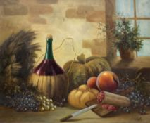 S Fedeli (Continental 20th century): Still Life of Fruit and Wine inside Cottage