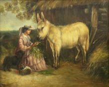 Continental School (Mid-20th century): Girl Feeding Donkey by Stable