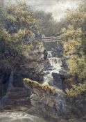 David Law (Scottish 1831-1902): Figure on a Bridge over a Waterfall