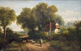 English School (19th century): Shepherd and Sheep on Country Lane