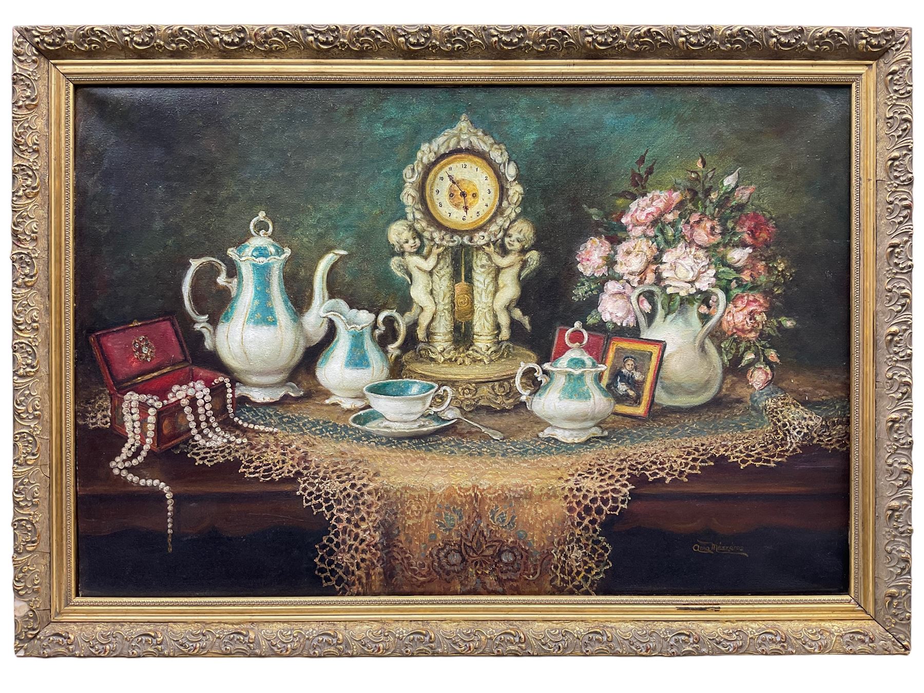 Anna Meszaros (Hungarian 1905-1998): Still Life of Tea Set and Mantle Clock on Table - Image 2 of 3