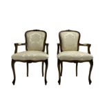 Pair Louis XVI design walnut framed salon armchairs