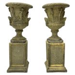 Pair of classical design cast stone Campana-shaped garden urns