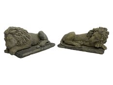 Pair of small cast stone sleeping lions