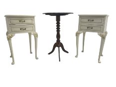 Pair French design ivory painted bow-front bedside lamp tables