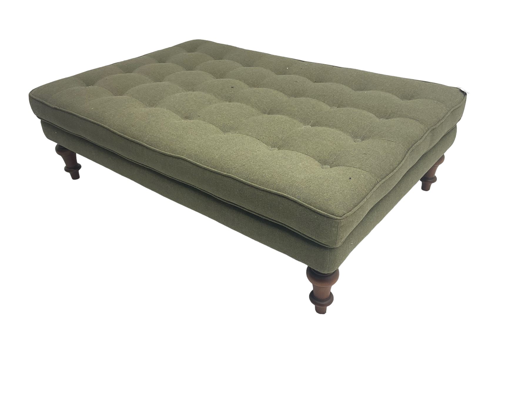 Peter Silk of Helmsley - large rectangular footstool upholstered in buttoned green tweed fabric - Image 3 of 7