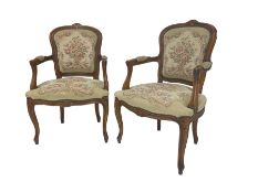 Pair French Louis XV design beech framed salon armchairs