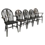 Late 20th century set five (3+2) beech Windsor armchairs