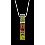 Silver tri-coloured amber pendant necklace