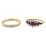 Gold round brilliant cut diamond half eternity ring and a gold ruby and diamond cluster ring