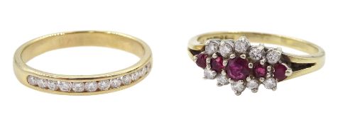 Gold round brilliant cut diamond half eternity ring and a gold ruby and diamond cluster ring