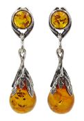Pair of silver amber pendant stud earrings