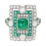 Platinum milgrain set emerald and diamond ring