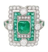 Platinum milgrain set emerald and diamond ring