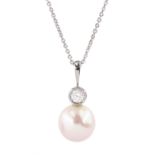 White gold single stone round brilliant cut diamond and pearl pendant necklace