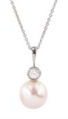 White gold single stone round brilliant cut diamond and pearl pendant necklace