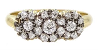 Edwardian gold old cut diamond triple cluster ring